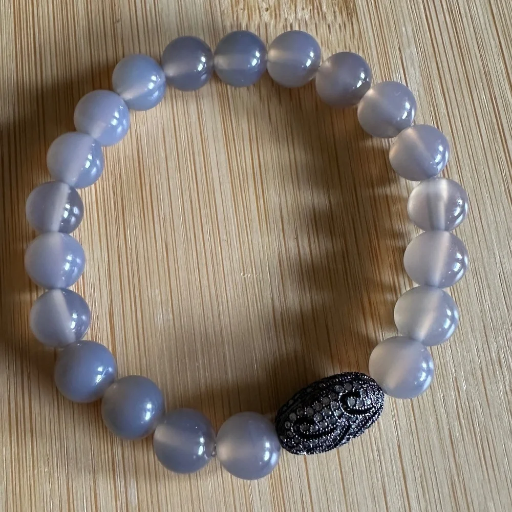 Polished 8mm Chalcedony Stretch Bracelet w/ Jet Crystal Pave Filigree Spacer